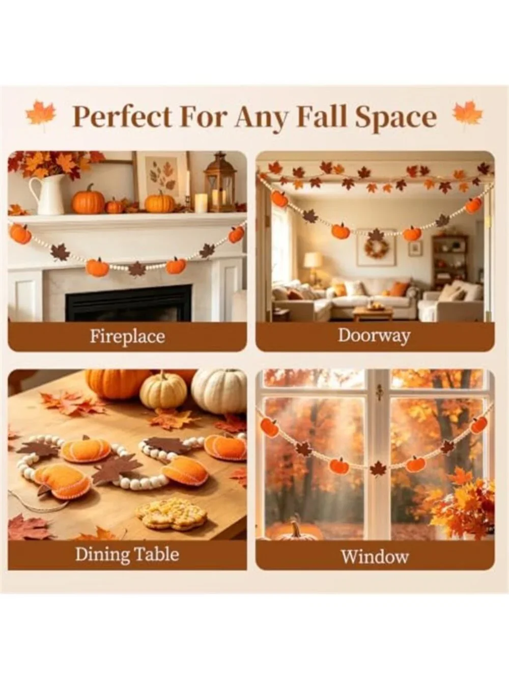 6.8 FT Fall Pumpkin Garland with Maple Leaves and Wood Beads, Autumn Decor